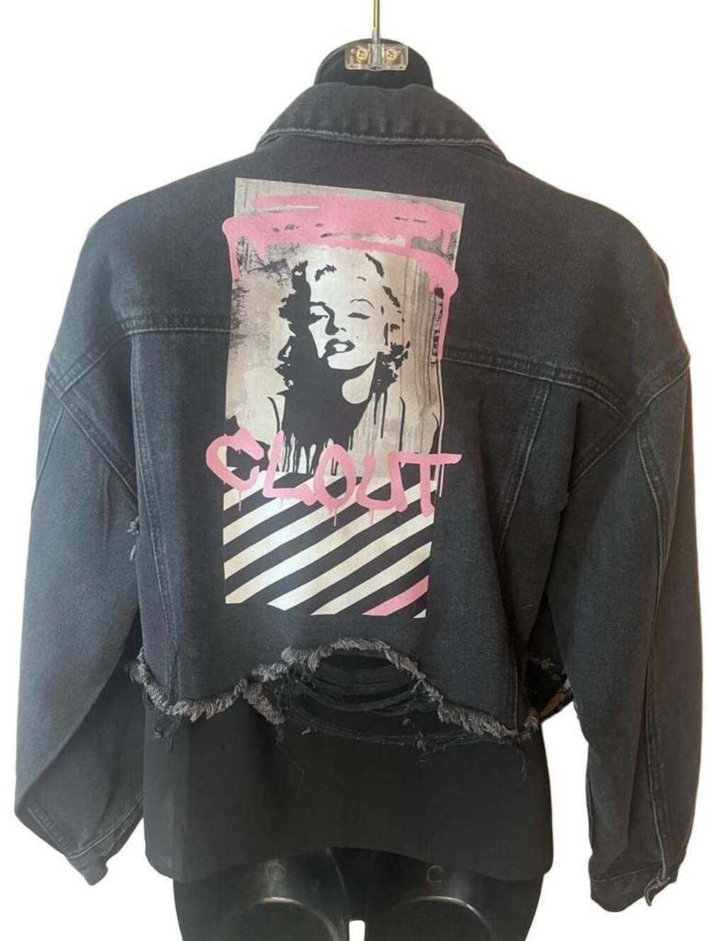 Trio Urban Black Distressed Crop Denim Jacket Marilyn Monroe graffiti Text S/M